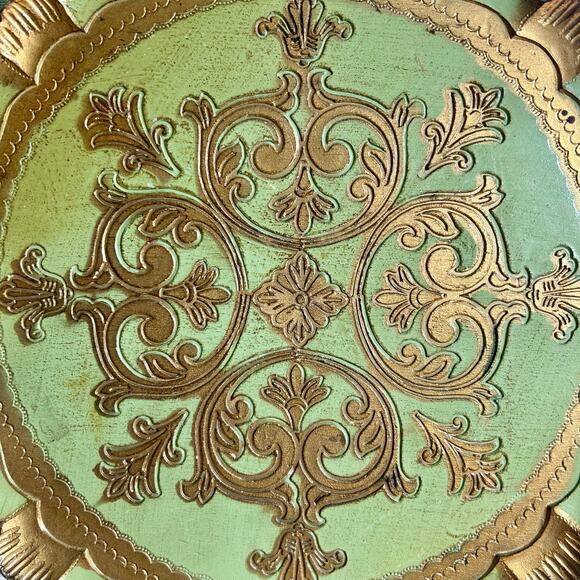 Vintage Italian Florentine Green & Gold Round Tray 15.5” Made in Italy - Picture 2 of 11